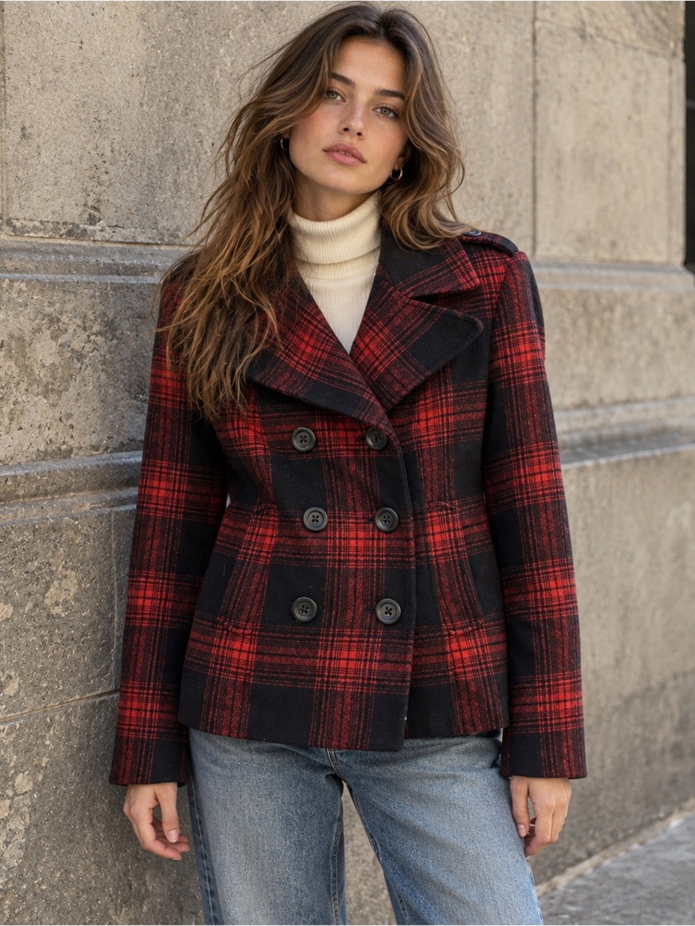Early 2000s Old Navy Red Black Tartan Plaid Double Breasted Pea Coat M